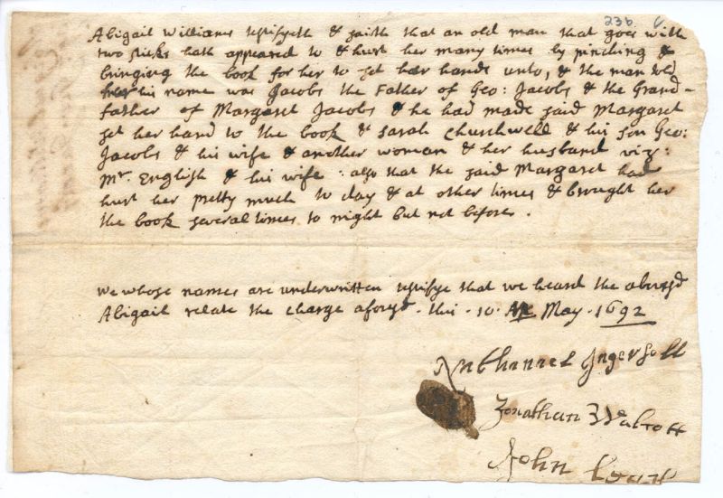 Orginaldokument aus dem Hexenprozess in Salem Orginaldokument aus dem Hexenprozess in Salem